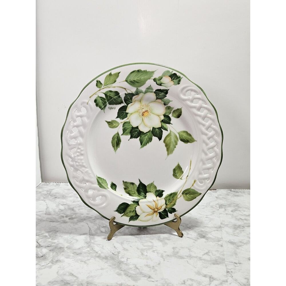 Vtg Italy Brunelli Tiffany Dinner Plate White Magnolia Floral Lattice Gardenia